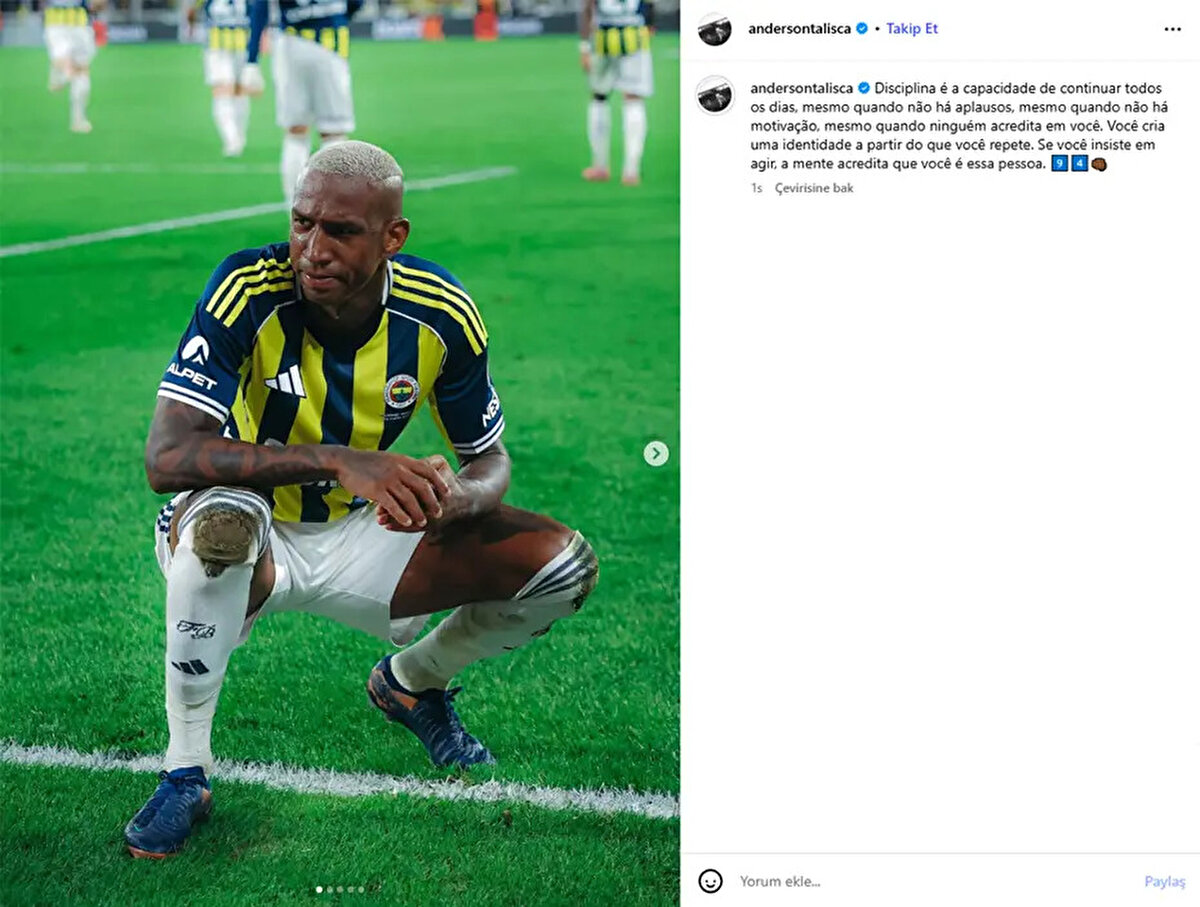 Talisca yaptığı paylaşımda "Disiplin, alkış ve motivasyon olmadığında, kimse sana inanmadığında bile her gün devam edebilmektir. Tekrar ettiklerinle bir kimlik yaratırsın. Rol yapmakta ısrar edersen aklın o kişi olduğuna inanır" ifadelerini kullandı.<br><br>