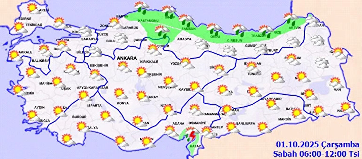 BATI KARADENİZ<br>Parçalı ve çok bulutlu, bölgenin kıyıları ile Düzce ve Karabük çevrelerinin aralıklı sağanak yağışlı geçeceği tahmin ediliyor.<br><br>BOLU 8°C, 18°C<br>Parçalı ve çok bulutlu<br><br>DÜZCE 10°C, 21°C<br>Çok bulutlu ve aralıklı sağanak yağışlı<br><br>SİNOP 14°C, 21°C<br>Çok bulutlu ve aralıklı sağanak yağışlı<br><br>ZONGULDAK 12°C, 19°C<br>Çok bulutlu ve aralıklı sağanak yağışlı