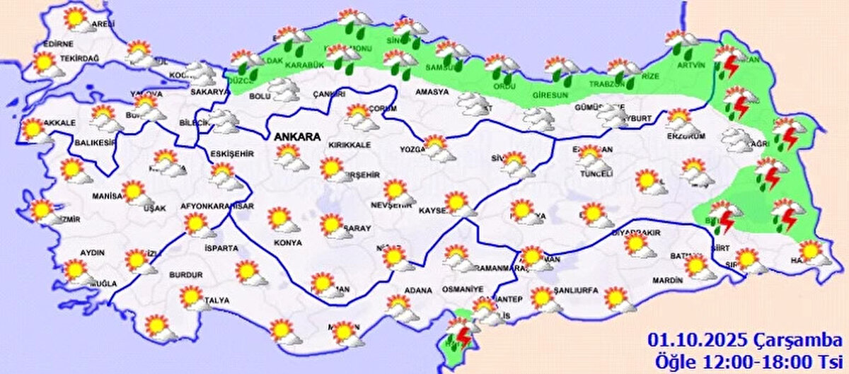 ORTA ve DOĞU KARADENİZ<br>Parçalı ve çok bulutlu, bölgenin kıyıları ve Artvin çevrelerinin aralıklı sağanak yağışlı geçeceği tahmin ediliyor. Yağışların, bu akşam saatlerinde Trabzon'un doğu ilçeleri ile Rize ve Artvin'in kuzeyinde yerel kuvvetli olması bekleniyor.<br><br>AMASYA 11°C, 21°C<br>Parçalı ve çok bulutlu<br><br>RİZE 15°C, 20°C<br>Çok bulutlu ve aralıklı sağanak yağışlı geçeceği tahmin ediliyor. Yağışların, yerel kuvvetli olması bekleniyor.<br><br>SAMSUN 14°C, 20°C<br>Çok bulutlu ve aralıklı sağanak yağışlı<br><br>TRABZON 15°C, 19°C<br>Çok bulutlu ve aralıklı sağanak yağışlı geçeceği tahmin ediliyor. Yağışların, yerel kuvvetli olması bekleniyor.
