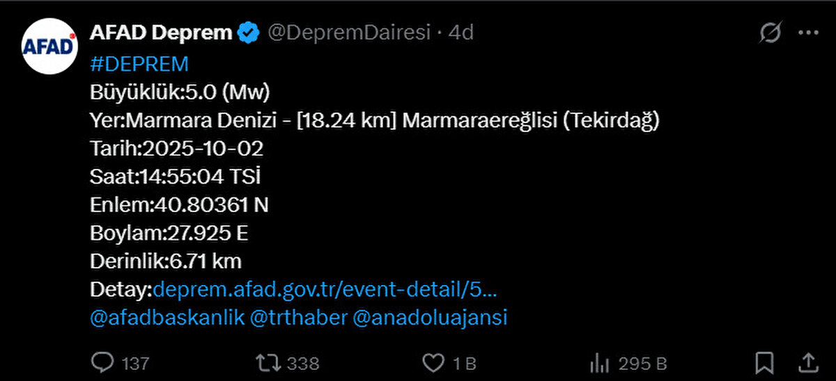 AFAD verilerine göre Marmara Denizi’nde meydana gelen depremin büyüklüğü 5.0 (Mw) olarak ölçüldü. Sarsıntının merkezi Marmaraereğlisi’ne yaklaşık 18,24 kilometre mesafede yer alıyor. Depremin yüzeye yakın derinlikte meydana gelmesi, İstanbul gibi büyük yerleşim yerlerinde de hissedilmesine neden oldu.