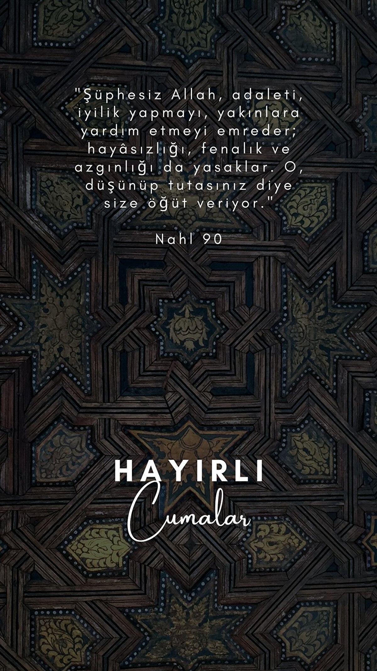 “Bu mübarek Cuma gününde Rabbim, yüreğimizdeki tüm duaları kabul eylesin. Gönlümüzü huzurla, evimizi bereketle, hayatımızı güzelliklerle doldursun. Bu özel gün, bizi hayırlara vesile olacak güzel insanlarla karşılaştırsın, sıkıntılarımızı giderip, sevdiklerimizle birlikte sağlıklı, mutlu bir ömür nasip etsin. Hayırlı ve bereketli bir Cuma diliyorum.”