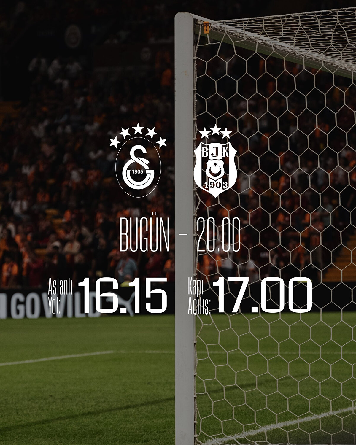 Galatasaray'ın maç günü paylaşımı:<br><br><br>🏟️ Galatasarayımızın, Beşiktaş ile oynayacağı karşılaşma için RAMS Park’ın kapıları saat 17.00’de Aslanlı Yol ise saat 16.15’te taraftarlarımıza açılacaktır. #GSvBJK <br> <br>ℹ️ Yoğunluktan etkilenmemek ve maç coşkusunu önceden yaşamak için stadyuma erken gelmeniz rica olunur.<br><br>ℹ️ Metro girişinden gelen taraftarlarımız, stadyuma alınamayacak eşyalarını bilet gişesinin yanında bulunan emanetçiye bırakabilir.<br><br>