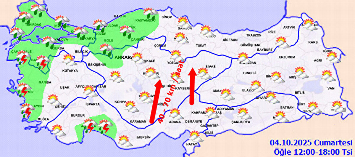 RÜZGAR<br><br>Genellikle güneyli yönlerden hafif, ara sıra orta kuvvette; Ege, Akdeniz’in iç kesimleri ile İç Anadolu’nun güney ve batısında yer yer kuvvetli (40-60 kmsa) esecek.