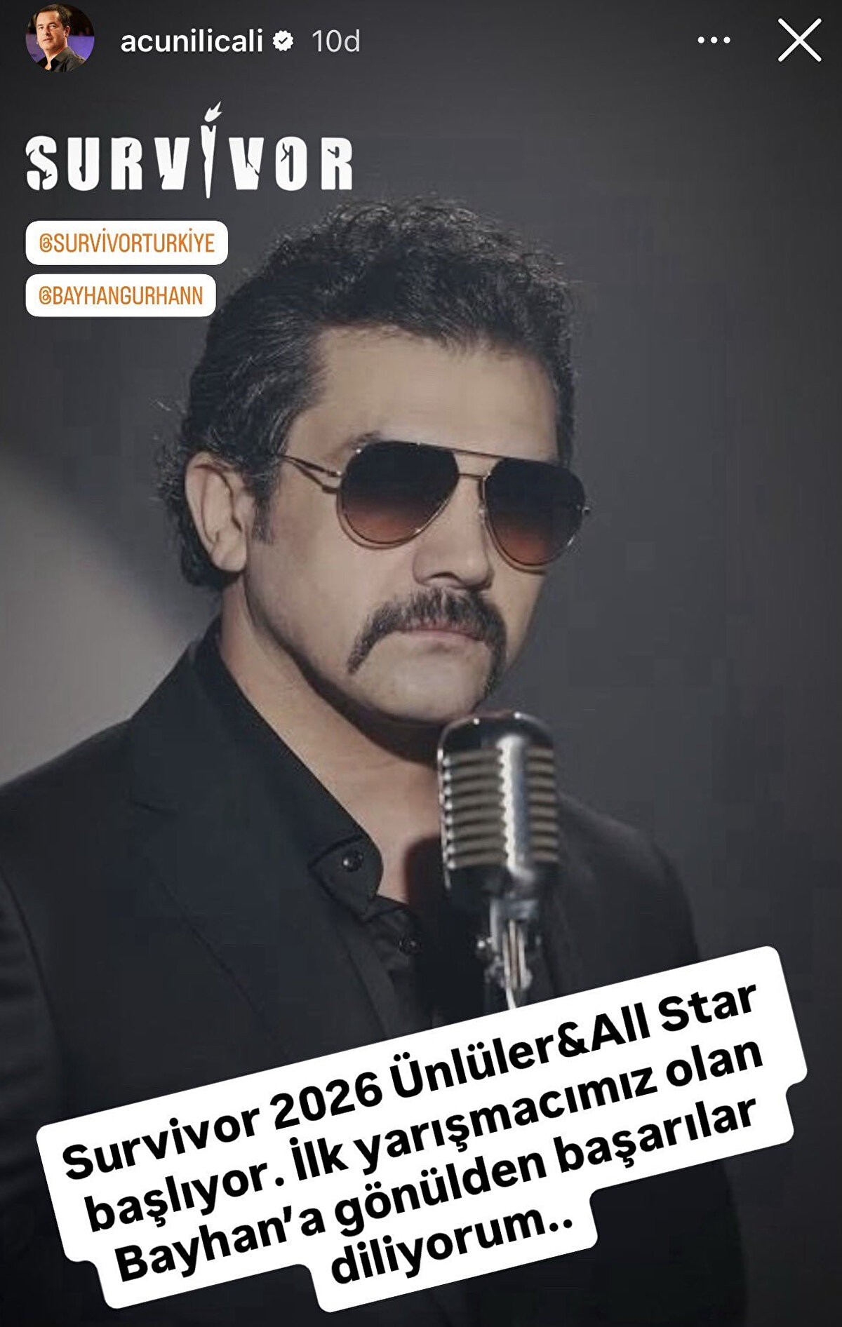 Acun Ilıcalı, “İlk yarışmacımız olan Bayhan’a gönülden başarılar diliyorum.” notuyla Bayhan’ın Survivor 2026’nın ilk yarışmacısı olduğunu duyurdu.
