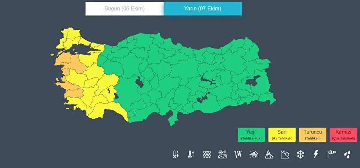 Afyonkarahisar, Antalya, Aydın, Balıkesir, Burdur, Bursa, Çanakkale, Denizli, Edirne, Isparta, İstanbul, İzmir, Kırklarelİ, Kocaeli, Kütahya, Manisa, Muğla, Tekirdağ, Uşak ve Yalova için sarı ve turuncu kodlu uyarı verildi.<br><br>SARI: Hava durumu potansiyel tehlikelidir: Tahmin edilen meteorolojik hadise olağandışı olmamakla birlikte, meteorolojik şartlardan etkilenebilecek faaliyetler konusunda dikkatli olunmalıdır.<br><br>TURUNCU: Hava durumu tehlikelidir: Tahmin edilen meteorolojik hadise sıklıkla görülmemektedir. Hasar ve kayıpların oluşması muhtemeldir. Çok tedbirli olmalı, güncel meteorolojik koşullar ve tahminler takip edilmelidir.