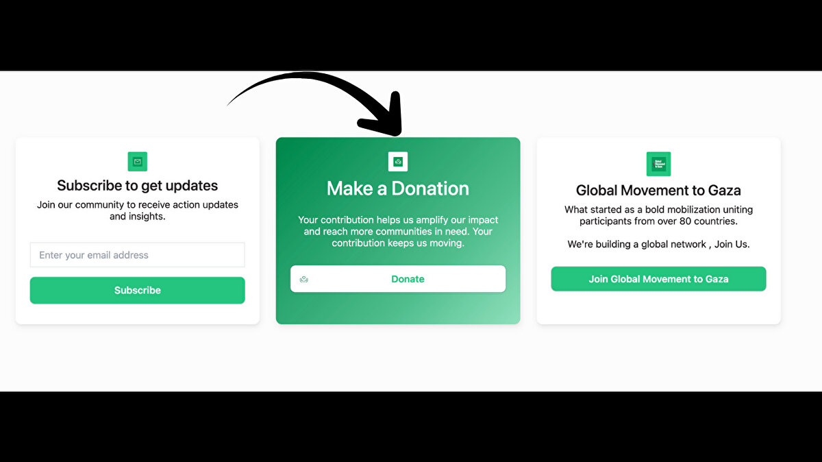 Siteden bağış da yapılabiliyor<br>Gönüllüler Sumud Filosu ile Gazze’ye gidemese bile, internet sitesi üzerinden filoya destek olabilmeleri için bağış da toplanıyor