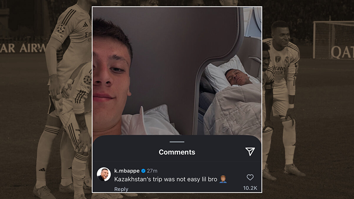 Uçakta Mbappe'nin uyuduğu anları paylaşan Arda Güler'e Fransız yıldızdan cevap geldi. Mbappe, "Kazakistan yolculuğu çok zordu küçük kardeşim" yanıtını verdi. 