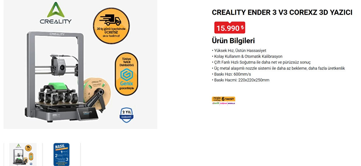 CREALITY ENDER 3 V3 COREXZ 3D YAZICI<br>Fiyat: 15,990 TL