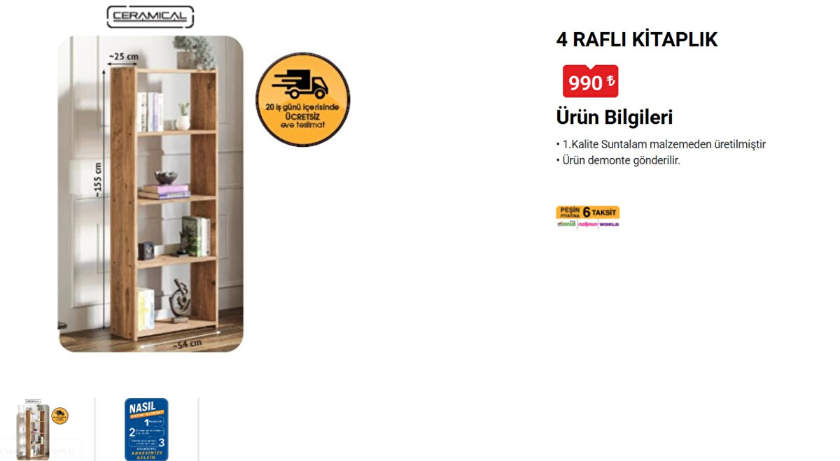 CERAMICAL 4 RAFLI KİTAPLIK<br>Fiyat: 990 TL