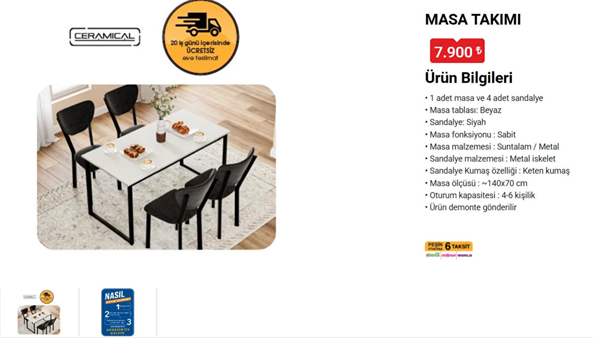 CERAMICAL MASA TAKIMI<br>Fiyat: 7,900 TL