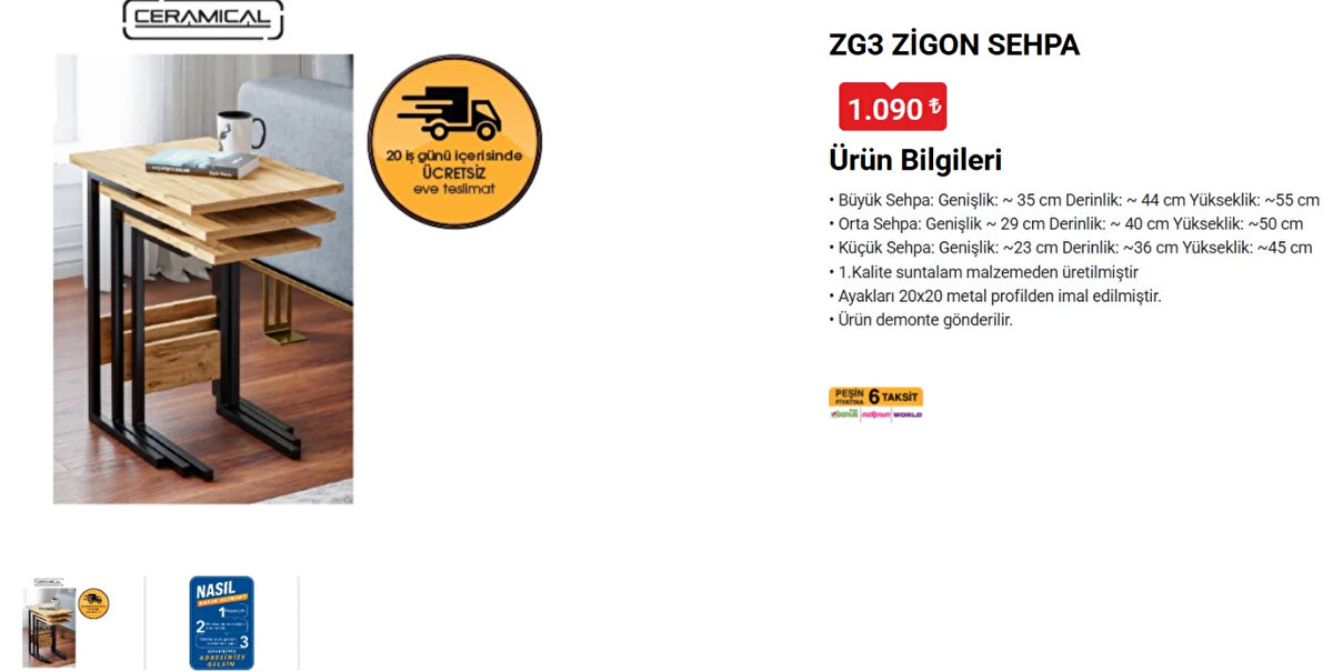 CERAMICAL ZG3 ZİGON SEHPA<br>Fiyat: 1,090 TL