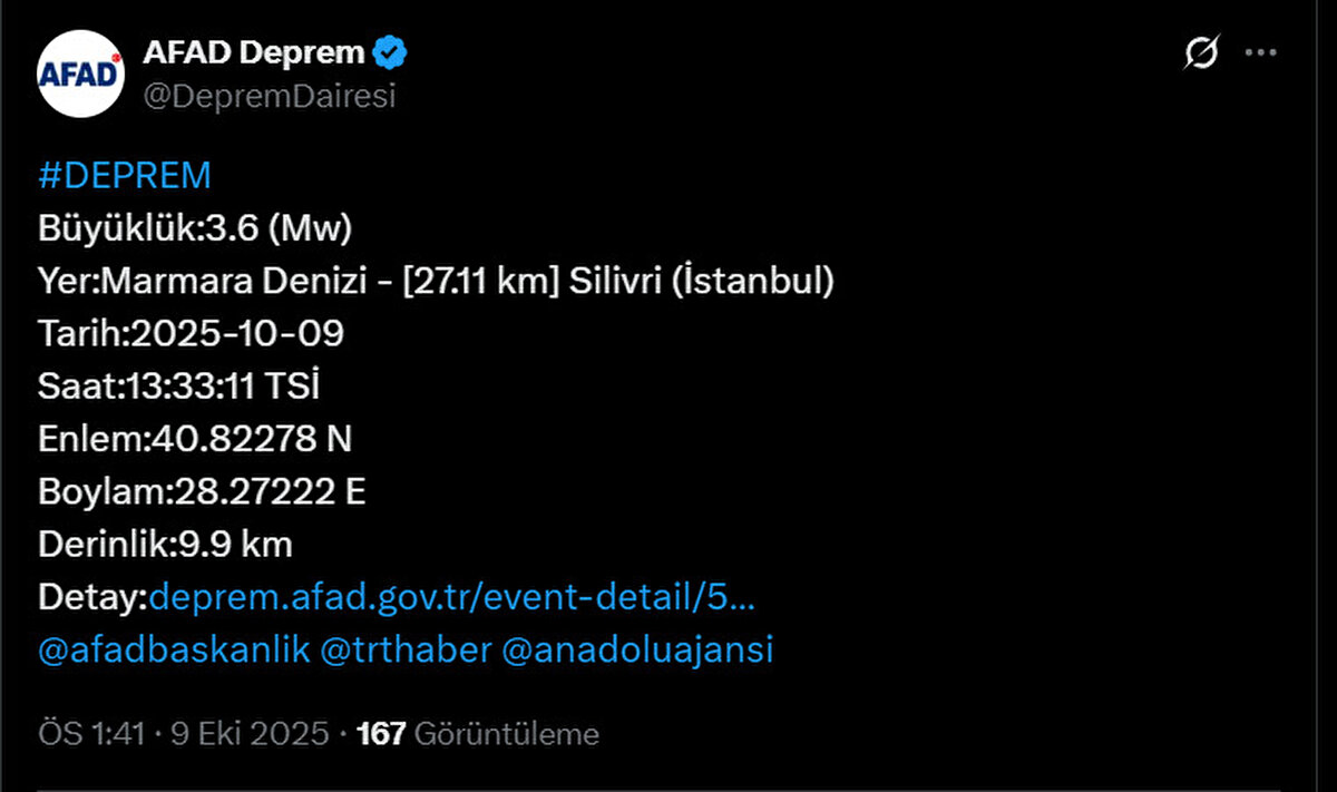 İSTANBUL'DA HİSSEDİLEN BİR DEPREM MEYDANA GELDİ<br><br>İstanbul Silivri Açıklarında 3.6 Büyüklüğünde Sarsıntı Hissedildi<br>Bugün, 9 Ekim 2025 Perşembe günü, saat 13:33:11 TSİ'de, Marmara Denizi'nde bir deprem meydana geldi. Afet ve acil durum birimlerine ulaşan ilk verilere göre depremin büyüklüğü 3.6 (Mw) olarak kaydedildi.<br><br>Depremin merkez üssü, İstanbul'un önemli ilçelerinden Silivri'nin [27.11 km] açıklarında, Marmara Denizi olarak belirlendi. Sarsıntının derinliği ise yerin 9.9 kilometre altı olarak ölçüldü. Bu hafif şiddetteki deprem, Silivri başta olmak üzere İstanbul'un sahil kesimlerinde ve çevre ilçelerde ikamet eden vatandaşlar tarafından hissedildi.