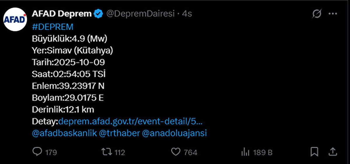 AFAD’ın internet sitesinde yer alan bilgiye göre, saat 02.54’te merkez üssü Kütahya’nın Simav ilçesi Maden köyü olan 4,9 büyüklüğünde bir sarsıntı kaydedildi. Depremin yerin 12,1 kilometre derinliğinde meydana geldiği açıklandı.