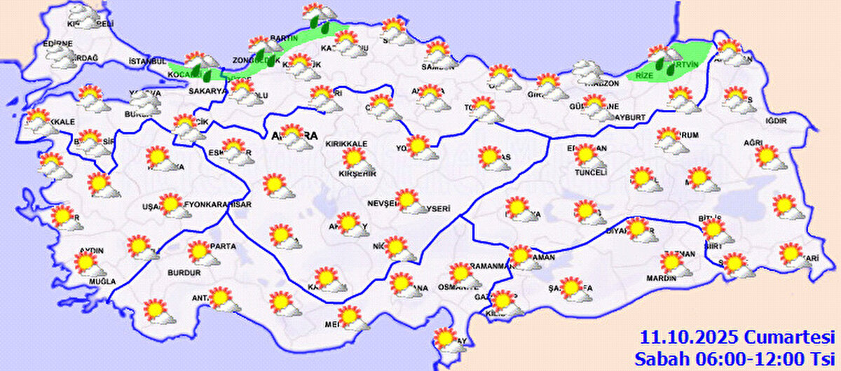 Meteoroloji Genel Müdürlüğü’nün son değerlendirmelerine göre, 11 Ekim Cuma günü yurt genelinde hava parçalı ve çok bulutlu olacak.<br>Marmara, İç Anadolu’nun kuzeyi, Ege’nin iç kesimleri ve Karadeniz bölgelerinde aralıklı sağanak yağışlar bekleniyor.<br>Bazı bölgelerde yağışların yer yer kuvvetli olacağı tahmin ediliyor.