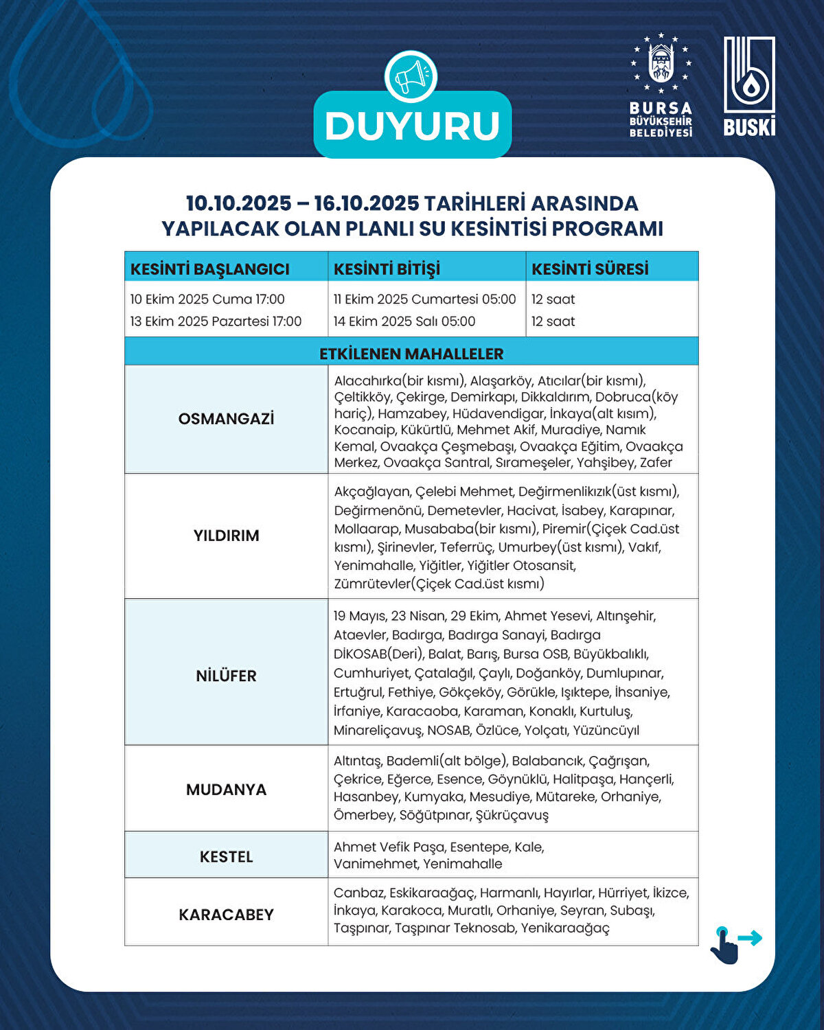 BUSKİ BURSA SU KESİNTİ PROGRAMI 12 EKİM