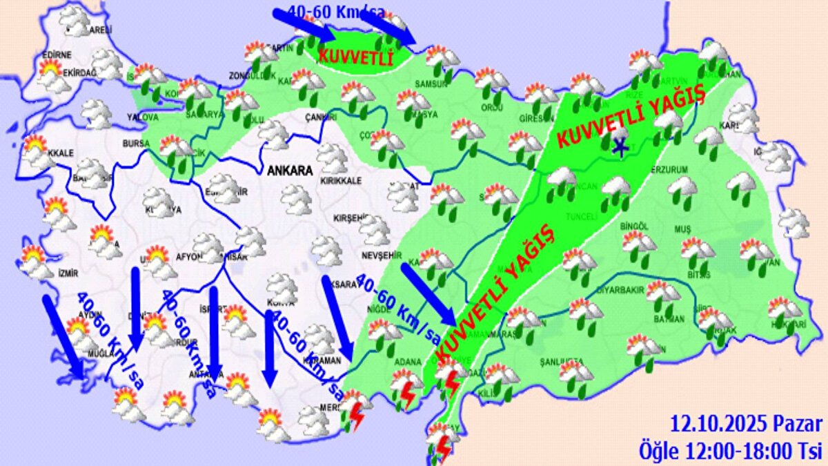 Öğlen yağmur gece kar<br><br>İç Anadolu’nun kuzeydoğusunun yüksekleri, Doğu Karadeniz’in iç kesimlerinin yüksekleri ile Doğu Anadolu’nun kuzey ve doğusunun yüksek kesimlerinde karla karışık yağmur ve yer yer kar şeklinde görülmesi beklenen yağışların; Batı Karadeniz kıyıları, Doğu Karadeniz, Doğu Anadolu, Güneydoğu Anadolu'nun doğusu ile Ordu, Tokat, Sivas, Maraş, Osmaniye, Adana'nın doğusu ve Hatay kıyılarında yerel kuvvetli olması bekleniyor.