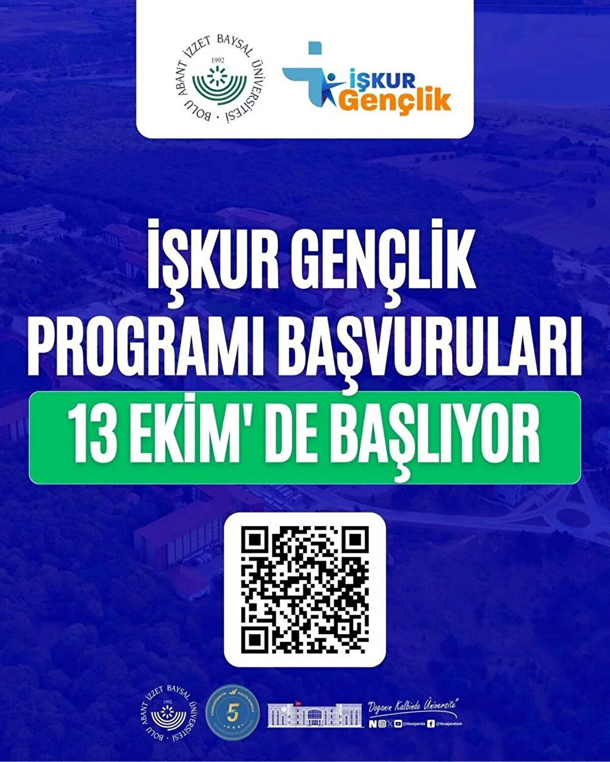 Bolu Abant İzzet Baysal Üniversitesi İŞKUR Gençlik Programı Detayları<br><br>Bolu Abant İzzet Baysal Üniversitesi, İŞKUR Gençlik Programı için 1342 kişilik rekor bir kontenjan ayırdığını açıkladı. Başvurular 13 Ekim 2025 Pazartesi günü başlayacak.<br><br>Başvuru Başlangıç Tarihi: 13 Ekim 2025<br><br>Başvuru Adresi: www.iskur.gov.tr<br><br>Kontenjan: 1342 Kişi<br><br>Başvuru İçin Gerekli Belgeler:<br><br>Nüfus cüzdanı fotokopisi veya E-Devlet onaylı nüfus kayıt örneği.<br><br>E-Devlet üzerinden alınacak "Aynı Hanede İkamet Eden Kişi Belgesi" ve hane halkının maaş bordrosu/SGK hizmet dökümü.<br><br>E-Devlet'ten alınacak "Tarihçeli Yerleşim Yeri Belgesi" (Yurtta kalanlar gelir kontrolünden muaftır).<br><br>Adli Sicil Kaydı ve çalışmaya engel bir durumun olmadığını gösterir sağlık belgesi.<br><br>Önemli Notlar: Her öğrenci sadece bir programa başvuru yapma hakkına sahiptir ve değerlendirme işlemleri üniversite tarafından yürütülecektir.