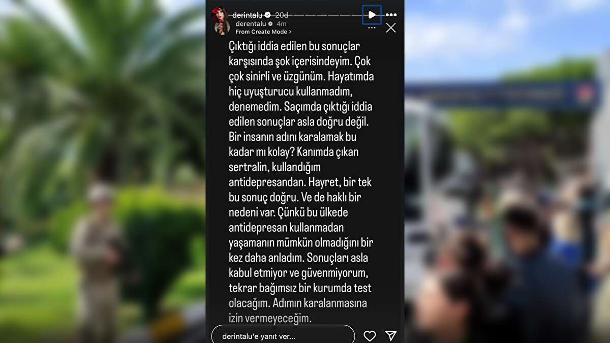 "Çıktığı iddia edilen bu sonuçlar karşısında şok içerisindeyim.<br><br>Çok sinirli ve üzgünüm. Hayatımda hiç uyuşturucu kullanmadım, denemedim.<br><br>Saçımda çıktığı iddia edilen sonuçlar asla doğru değil.<br><br>Bir insanın adını karalamak bu kadar mı kolay?<br><br>Kanımda çıkan sertralin, kullandığım antidepresandan.<br><br>Hayret, bir tek bu sonuç doğru. Ve de haklı bir nedeni var.<br><br>Çünkü bu ülkede antidepresan kullanmadan yaşamanın mümkün olmadığını bir kez daha anladım.<br><br>Sonuçları asla kabul etmiyor ve güvenmiyorum.<br><br>Tekrar bağımsız bir kurumda test olacağım."