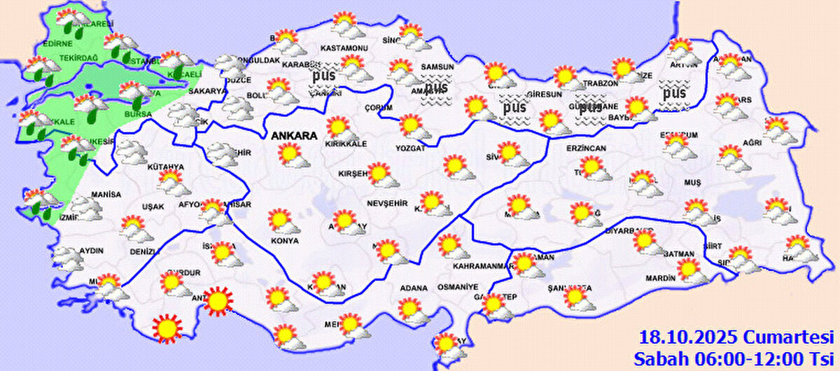 MARMARA<br>Parçalı ve çok bulutlu, bölgenin aralıklı sağanak yağışlı geçeceği tahmin ediliyor.<br><br>BURSA °C, 22°C<br>Parçalı ve çok bulutlu, aralıklı sağanak yağışlı<br><br>ÇANAKKALE °C, 21°C<br>Parçalı ve çok bulutlu, aralıklı sağanak yağışlı<br><br>İSTANBUL °C, 19°C<br>Parçalı ve çok bulutlu, aralıklı sağanak yağışlı<br><br>KIRKLARELİ °C, 19°C<br>Parçalı ve çok bulutlu, aralıklı sağanak yağışlı