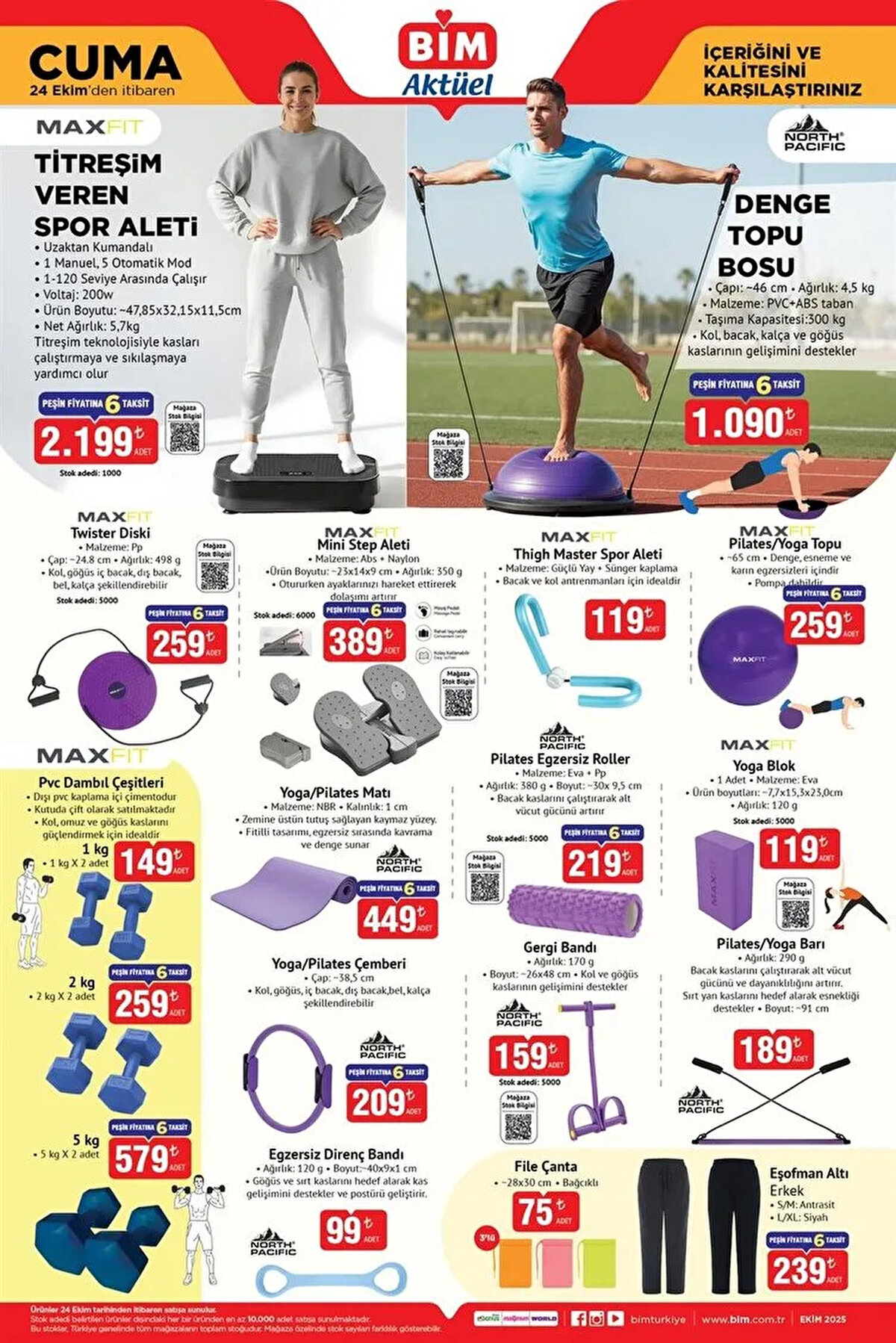 Yoga ve Pilates Malzemeleri: Evde spor yapma trendi devam ederken, BİM aktüel kataloğunda yer alan yoga matı, pilates topu ve çeşitli direnç bantları spor tutkunlarının gözdesi olacak.