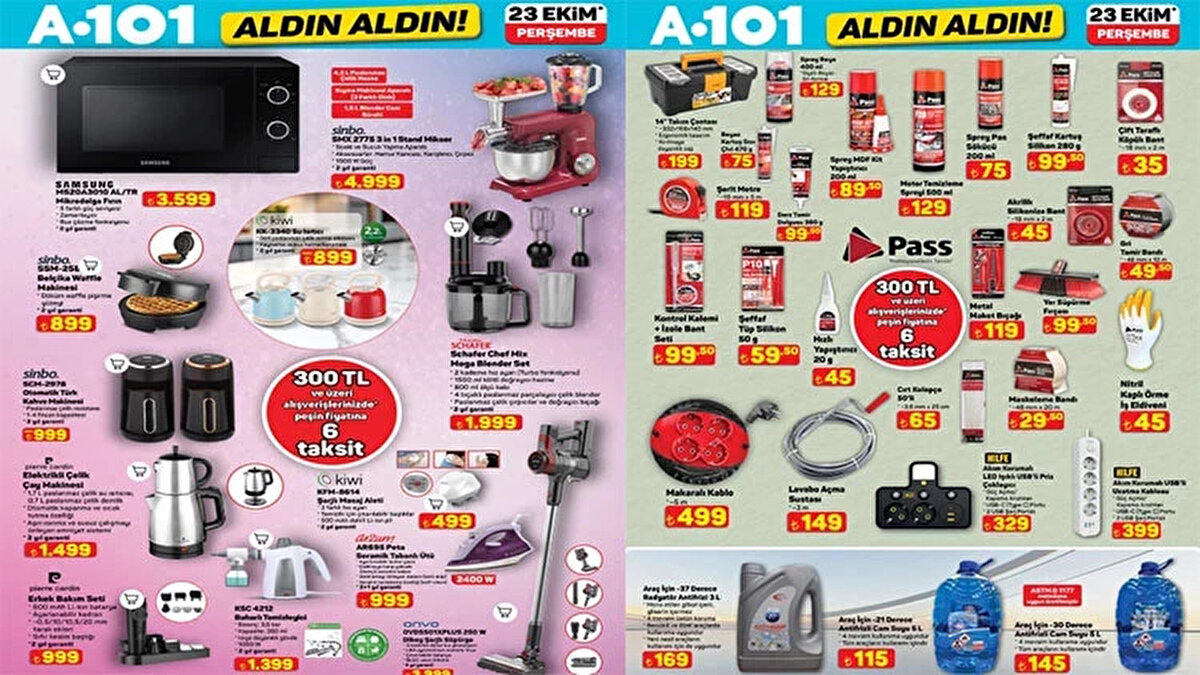 Vatandaşların merakla beklediği 23 Ekim A101 kataloğu 2025 bülteni yayınlandı. A101'in 'Aldın Aldın' kampanyası kapsamında bu Perşembe raflara gelecek aktüel ürünler listesi, teknoloji, beyaz eşya ve mutfak aletlerinde kaçırılmayacak fırsatlar sunuyor. 65 inç dev Android TV, retro tasarımlı kırmızı mini buzdolabı ve ev işlerini kolaylaştıran buharlı temizleyici, katalogda en çok dikkat çeken ürünler oldu. Kamp malzemelerinden oto bakım ürünlerine kadar geniş bir yelpaze sunan yeni bülten, ihtiyaca yönelik pek çok ürünü müşterilerin beğenisine sunacak. Peki, A101'de bu hafta başka neler var? İşte A101 23 Ekim 2025 aktüel ürünler kataloğu tam fiyat listesi...