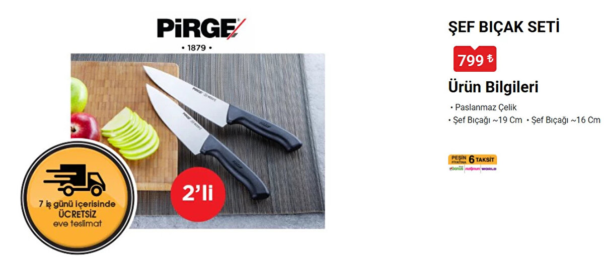 PİRGE ŞEF BIÇAK SETİ <br><br>Fiyat: 799 TL