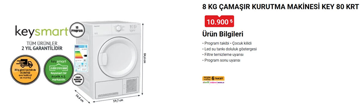 KEYSMART 8 KG ÇAMAŞIR KURUTMA MAKİNESİ KEY 80 KRT<br>Fiyat: 10,900 TL
