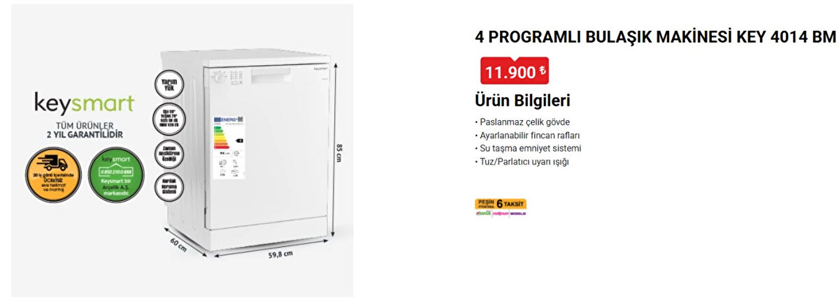KEYSMART 4 PROGRAMLI BULAŞIK MAKİNESİ KEY 4014 BM<br>Fiyat: 11,900 TL