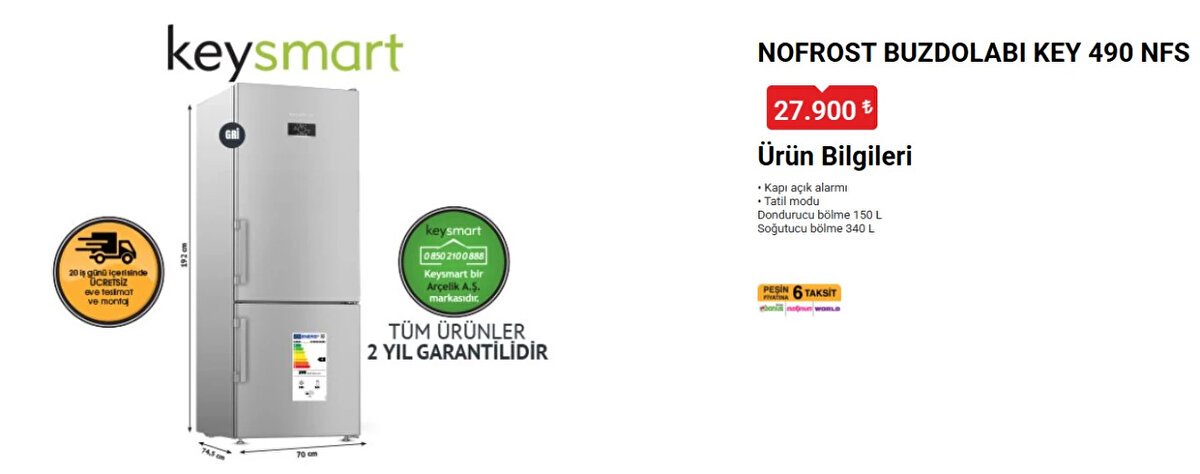 KEYSMART NOFROST BUZDOLABI KEY 490 NFS<br>Fiyat: 27,900 TL