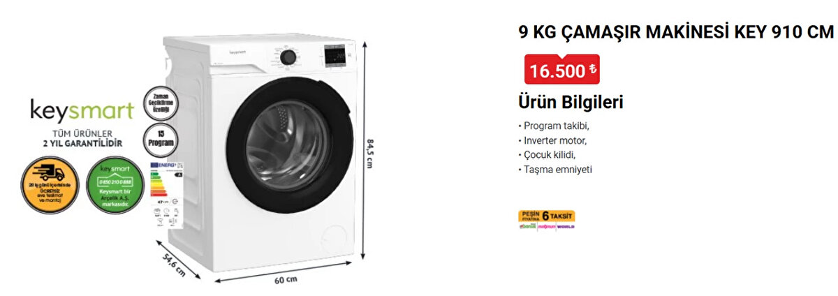 KEYSMART 9 KG ÇAMAŞIR MAKİNESİ KEY 910 CM<br>Fiyat: 16,500 TL<br><br>