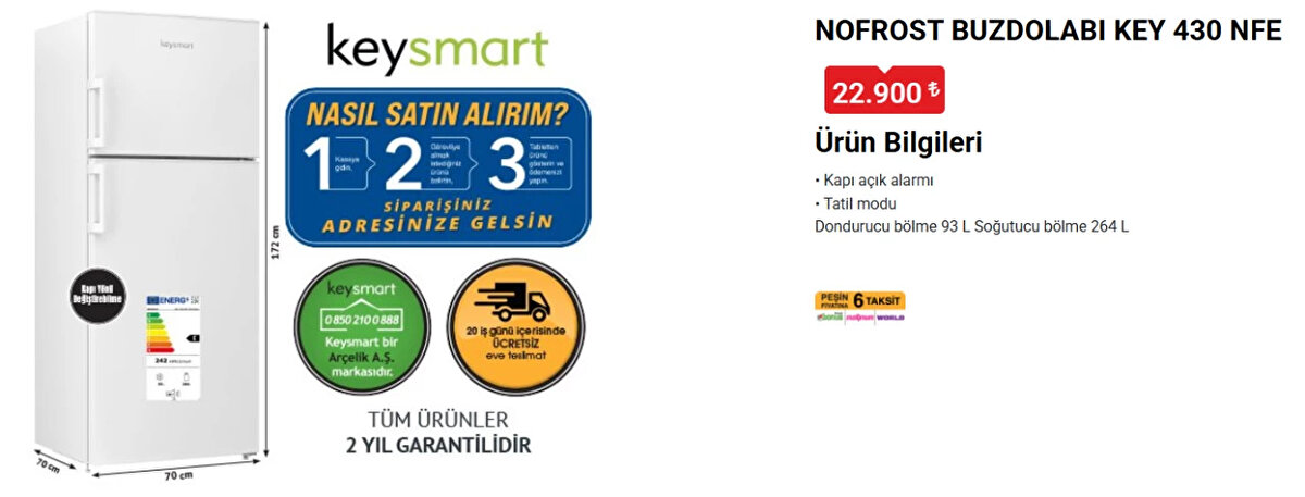 KEYSMART NOFROST BUZDOLABI KEY 430 NFE<br>Fiyat: 22,900 TL