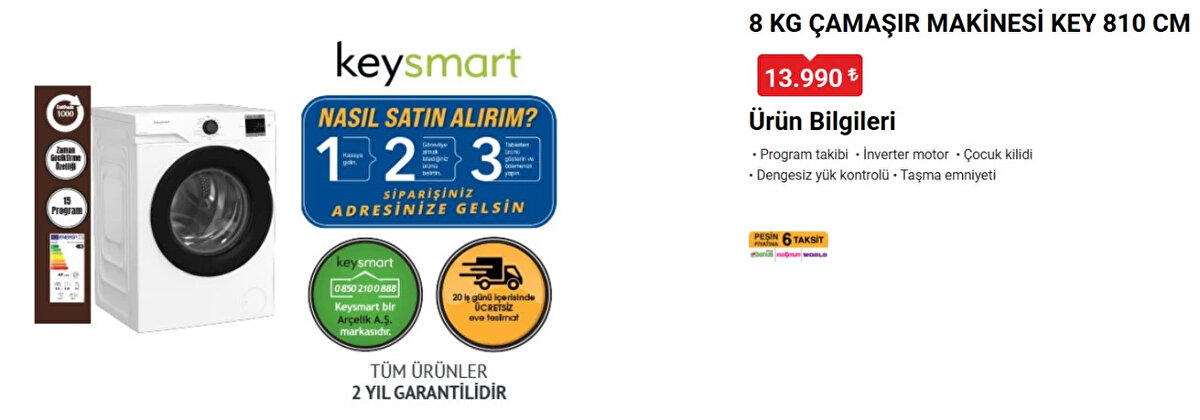 KEYSMART 8 KG ÇAMAŞIR MAKİNESİ KEY 810 CM<br><br>Fiyat: 13,990 TL