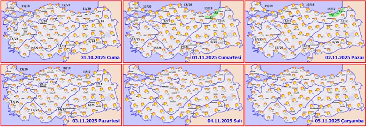 Meteoroloji Genel Müdürlüğü tarafından paylaşılan hava durumu raporuna göre; Türkiye genelinde bir hafta yağış beklenmiyor. Marmara, Ege, Batı Akdeniz, Karadeniz ve Doğu Anadolu'nun doğusunun parçalı bulutlu, diğer yerlerin az bulutlu ve açık geçeceği tahmin ediliyor.