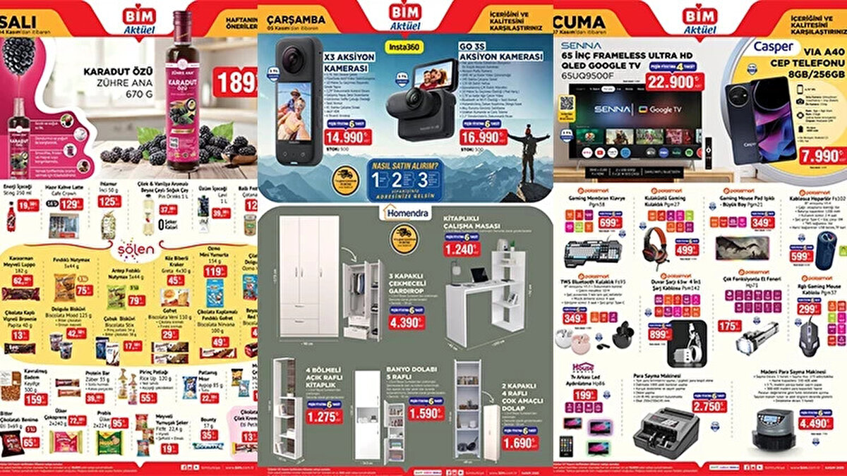 BİM Aktüel Kasım 2025 Kataloğu İle Haftanın Fırsatları Başlıyor!<br>Vatandaşların merakla beklediği BİM aktüel Kasım 2025 kataloğu yayımlandı. Yeni ayın ilk fırsatlarını sunan BİM, 4 Kasım Salı, 5 Kasım Çarşamba ve 7 Kasım Cuma günleri için indirimli ürünlerini açıkladı. Salı günü market ürünleri indirimdeyken, haftanın asıl bombaları 7 Kasım Cuma günü teknoloji ve çok özel ürünlerle geliyor.