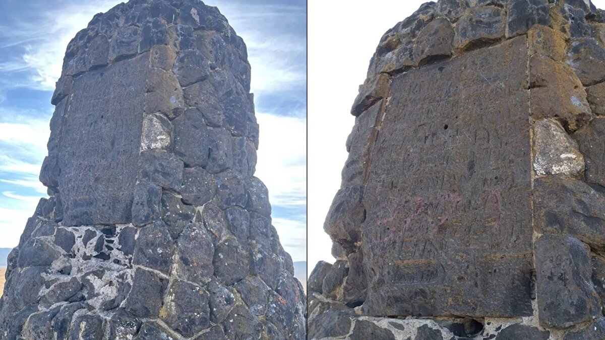 "Ani’ye bakan yüzünde esrarengiz yazılar"<br><br>Yapının Ani Örenyeri’ne bakan kısmında, düz bir taş üzerine işlenmiş yaklaşık 2 metre yüksekliğinde bir kitabe yer alıyor. Ancak bu taş üzerindeki yazıların hangi dilde olduğu bugüne kadar çözülemedi. Bölge halkı, bu yazıların antik bir uygarlığa ait olabileceğini düşünürken, uzmanlar da alanda detaylı bir inceleme yapılması gerektiğini belirtiyor.