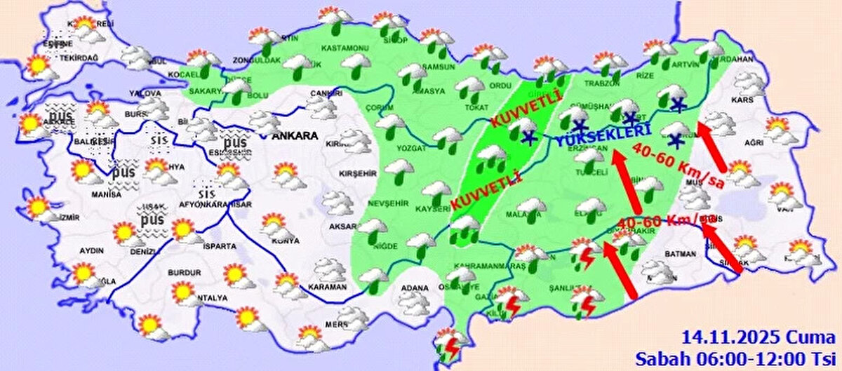 Kuvvetli rüzgar uyarısı<br><br>Rüzgarın:<br><br>Güneydoğu Anadolu’nun doğusu<br><br>Doğu Anadolu’nun genelinde<br>güneyli yönlerden 40-60 kmsa hızla kuvvetli esmesi bekleniyor.
