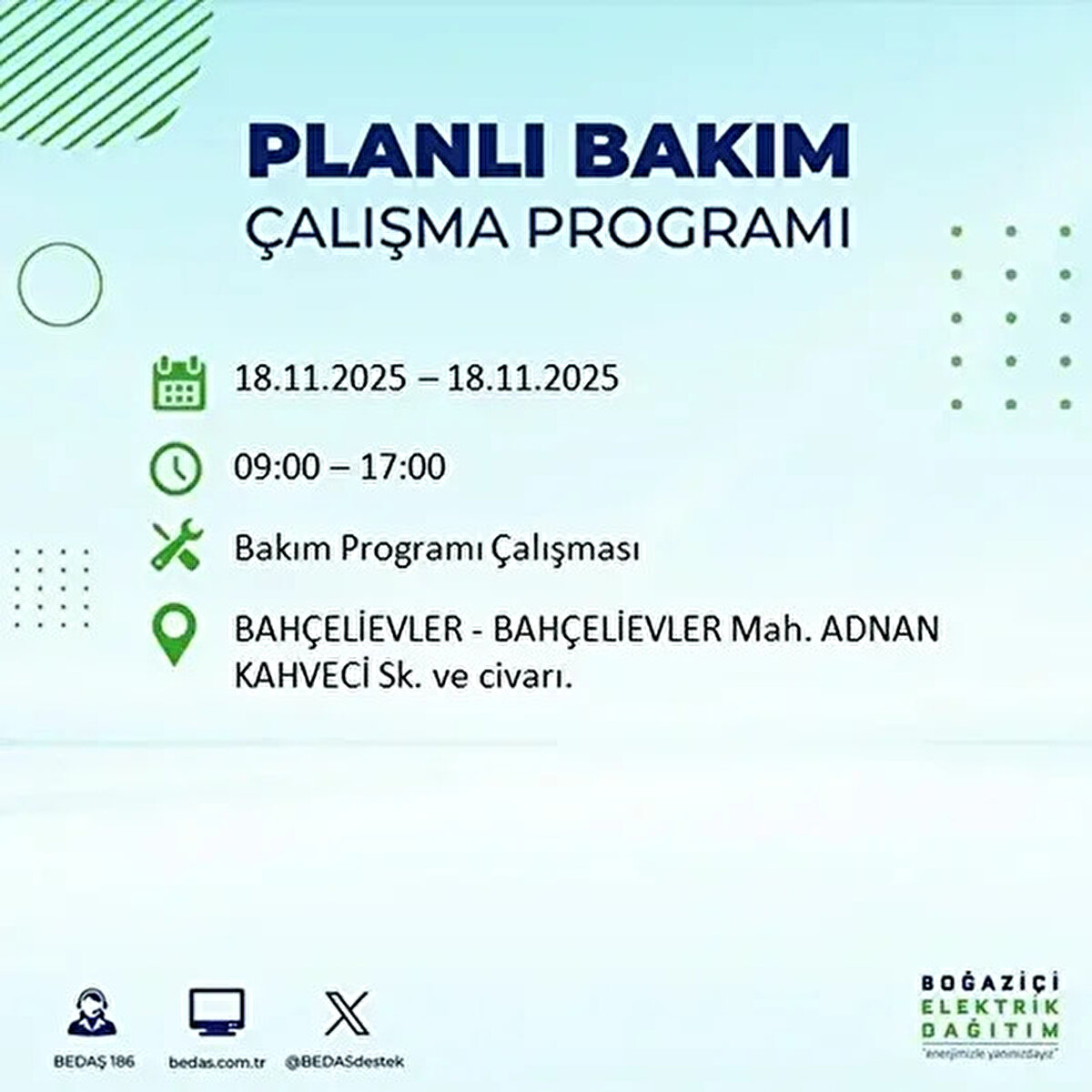BEDAŞ 18 KASIM ELEKTRİK KESİNTİSİ
