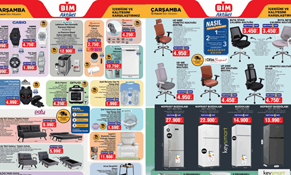 BİM, kasım ayına özel aktüel kataloğunu yayımlayarak teknoloji severlerden ev ihtiyaçlarını karşılamak isteyenlere kadar geniş bir kitleye hitap eden indirim fırsatlarını duyurdu. Akıllı pişirici, kol saati, katlanır koltuk, buzdolabı ve oyun bilgisayarı gibi birçok ürünün uygun fiyatlarla satışa çıkması tüketicilerin ilgisini çekti. Market raflarında yerini alan yeni ürünler, hem ev ekonomisine katkı sağlıyor hem de kullanıcıların ihtiyaçlarını avantajlı fiyatlarla karşılamasına imkân tanıyor. İşte BİM’in kasım ayı aktüel katalog fiyat listesi…