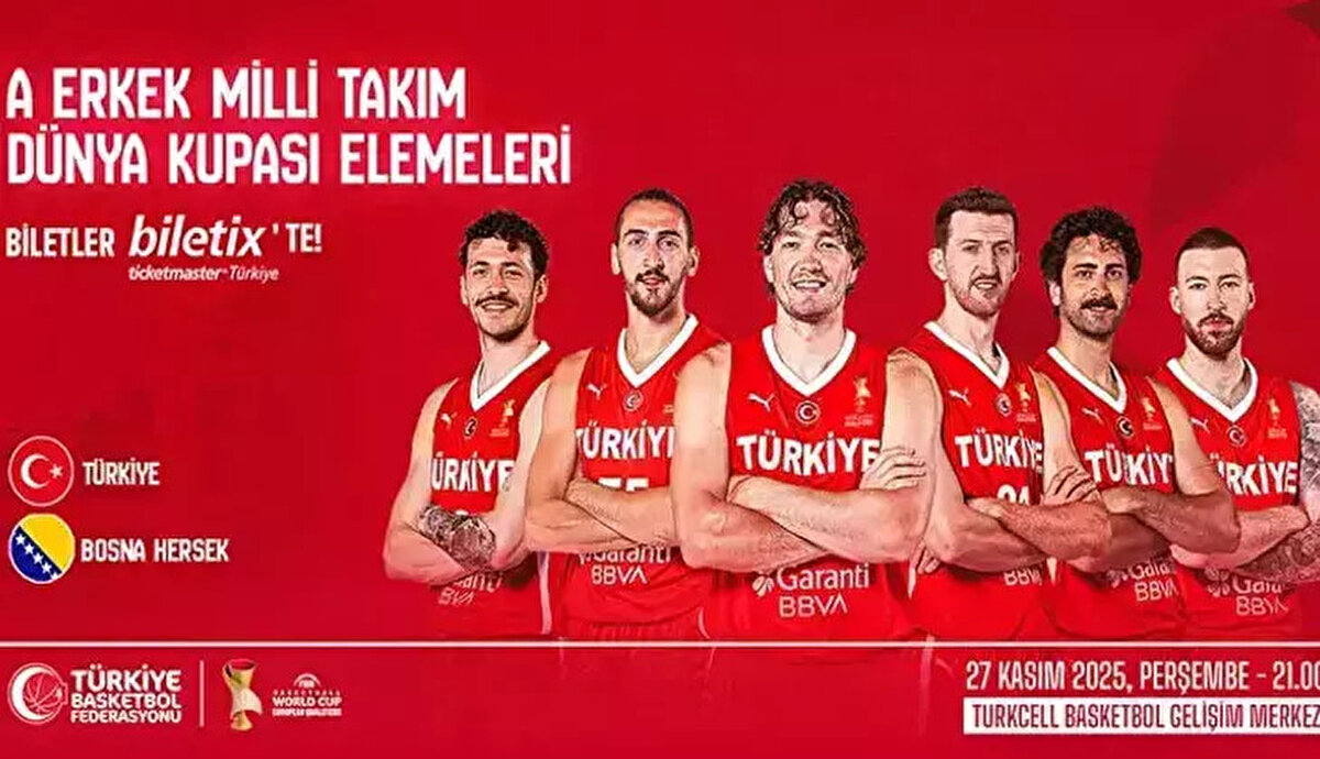 Türkiye–Bosna Hersek basketbol maçı ne zaman?<br><br>A Milli Takım’ın Bosna Hersek ile karşılaşacağı FIBA Dünya Kupası Eleme maçı bugün, 27 Kasım 2025 Perşembe, Turkcell Basketbol Gelişim Merkezi’nde oynanacak. Karşılaşmanın başlama saati 21.00 olarak açıklandı.