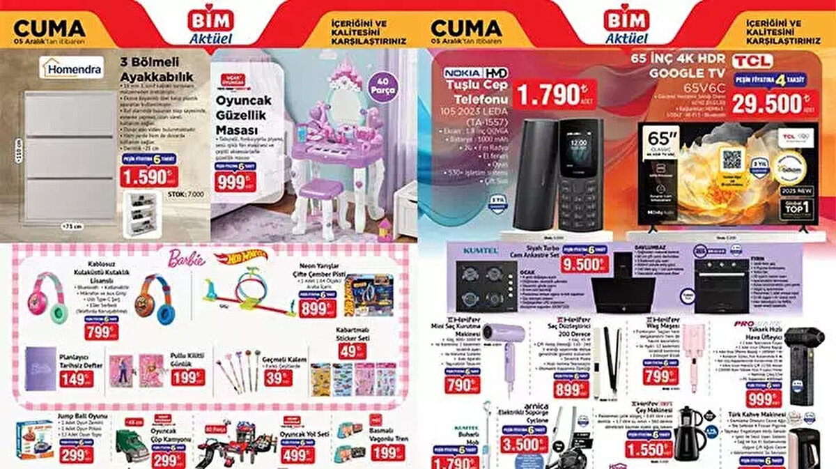 BİM marketler zinciri, Aralık ayına hızlı bir giriş yapıyor. Merakla beklenen 5 Aralık Cuma BİM aktüel kataloğu ile 2 Aralık ve 3 Aralık tarihlerinde geçerli olacak indirimli ürünlerin listesi netleşti. Bu hafta BİM raflarında teknolojiden mutfak gereçlerine, gıdadan karavan satışına kadar geniş bir yelpaze bulunuyor. İşte haftanın BİM aktüel ürünleri ve fiyat listesi...