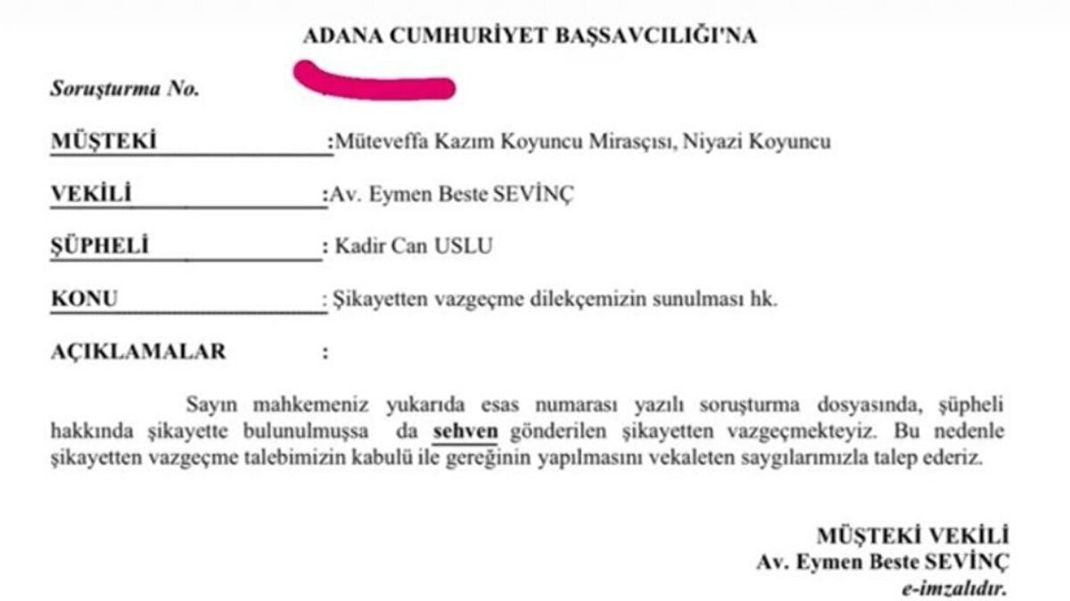 Müzisyen Kazım Koyuncu’nun mirasçısı Niyazi Koyuncu, sosyal medyada izinsiz paylaşım yapılan “Uy Aha” şarkısı nedeniyle öğretmen Kadir Can Uslu aleyhinde açtığı 50 bin TL’lik telif davasını geri çekti. Şikayetin teknik bir hata sonucu gerçekleştiği, taraflar arasında herhangi bir hukuki anlaşmazlık bulunmadığı belirtildi.