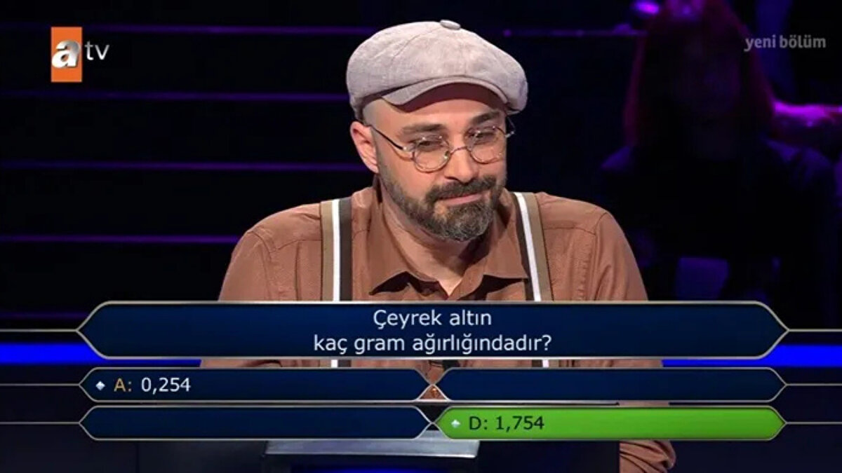 Çeyrek altının ağırlığı 1,754 gram olduğu için doğru yanıt D seçeneğiydi. Soruyu doğru cevaplayan Aslan, böylece 300 bin TL değerindeki onuncu soruya geçme hakkı kazandı. Ancak risk almak istemeyen yarışmacı, yarışmadan çekilmeyi tercih ederek 200 bin TL ödülle programdan ayrıldı.