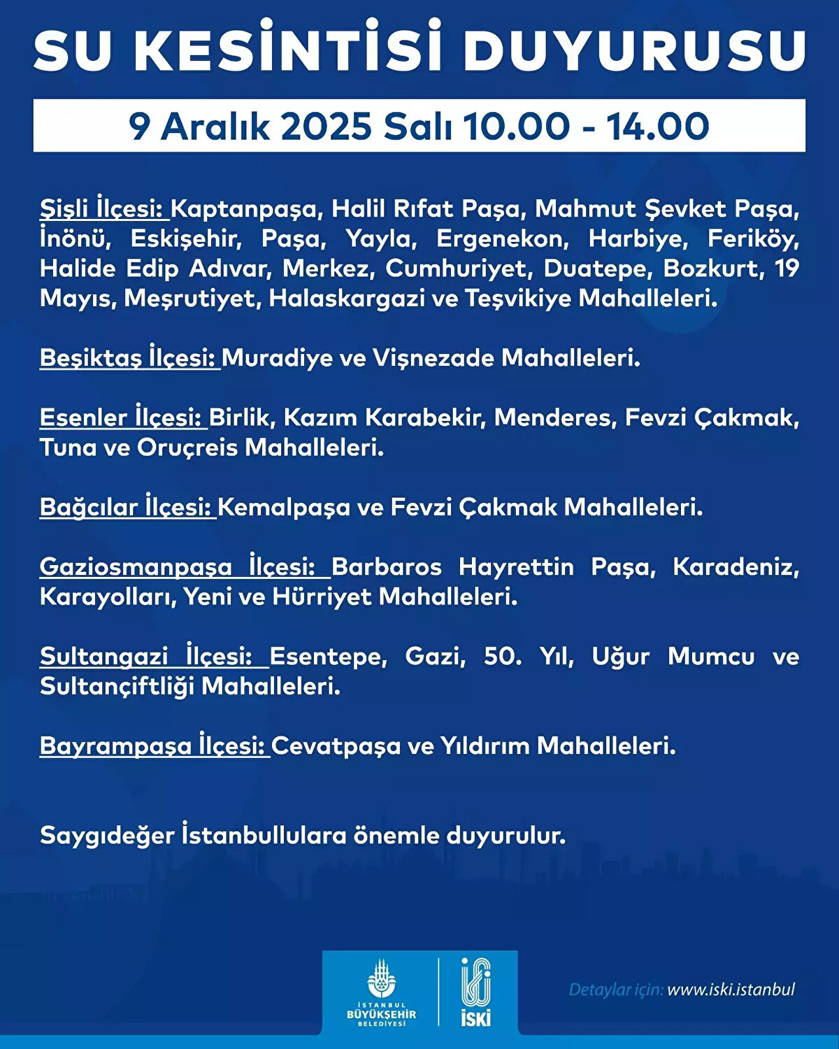 İSKİ İSTANBUL SU KESİNTİSİ 9 ARALIK