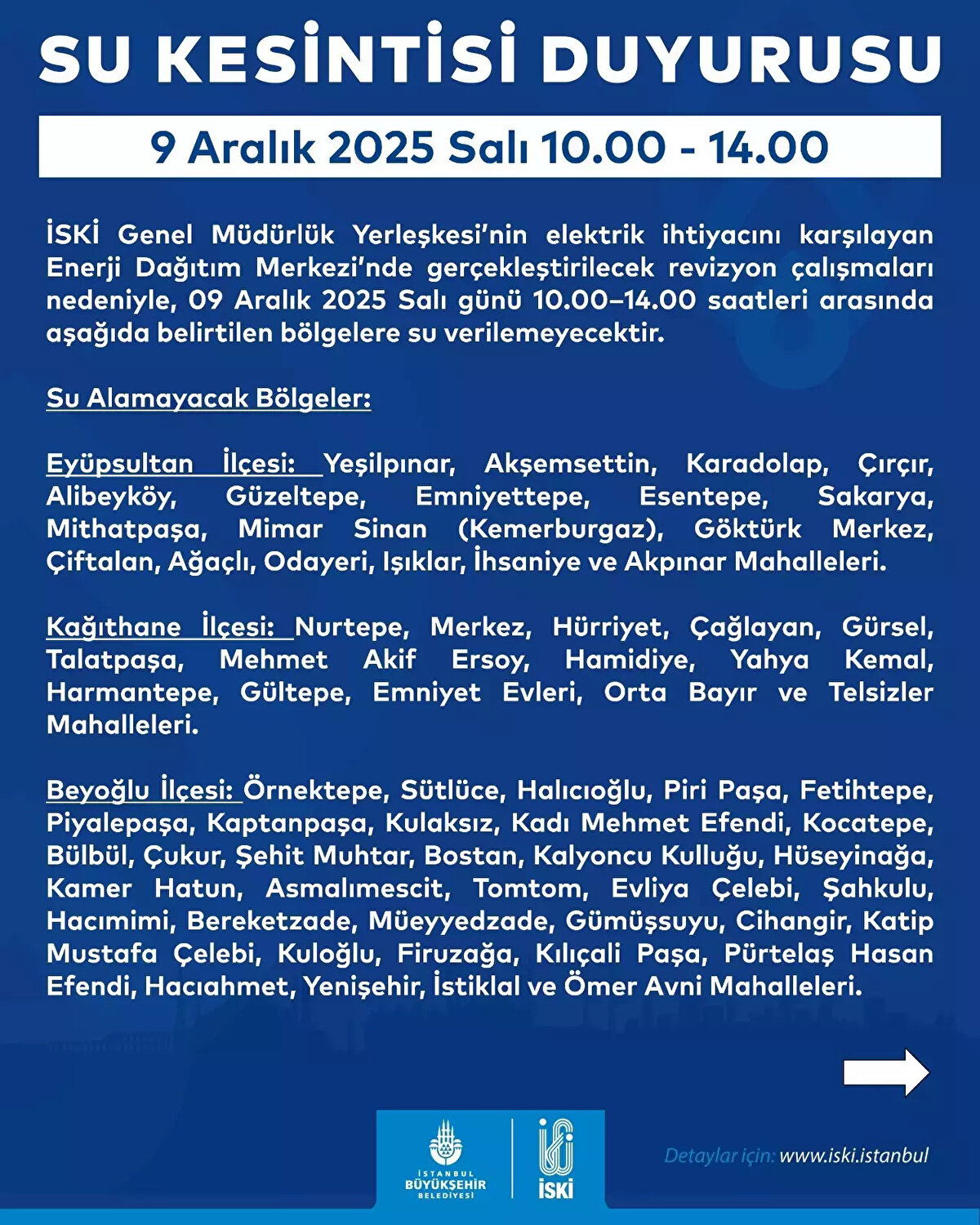 İSKİ İSTANBUL SU KESİNTİSİ 9 ARALIK