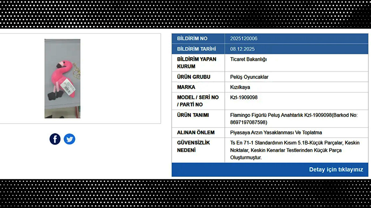 Kızılkaya pelüş anahtarlık, "Flamingo Figürlü Pelüş Anahtarlık" isimli ürünün de "boğulma" riski taşıdığı gerekçesiyle satışı durduruldu ve toplatılma kararı alındı.