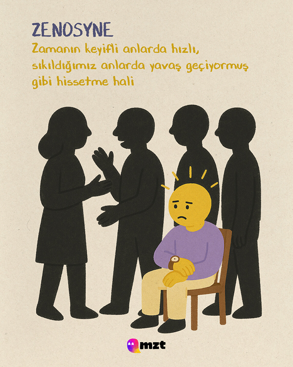 Zenosyne
Zamanın keyifli anlarda hızlı, sıkıldığımız anlarda yavaş geçiyormuş gibi hissetme hali