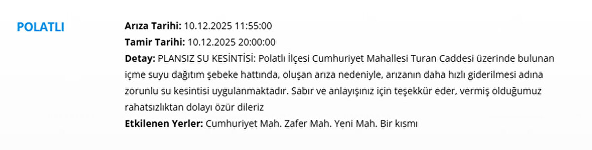 ANKARA SU KESİNTSİ 10 ARALIK (ASKİ KESİNTSİ LİSTESİ)