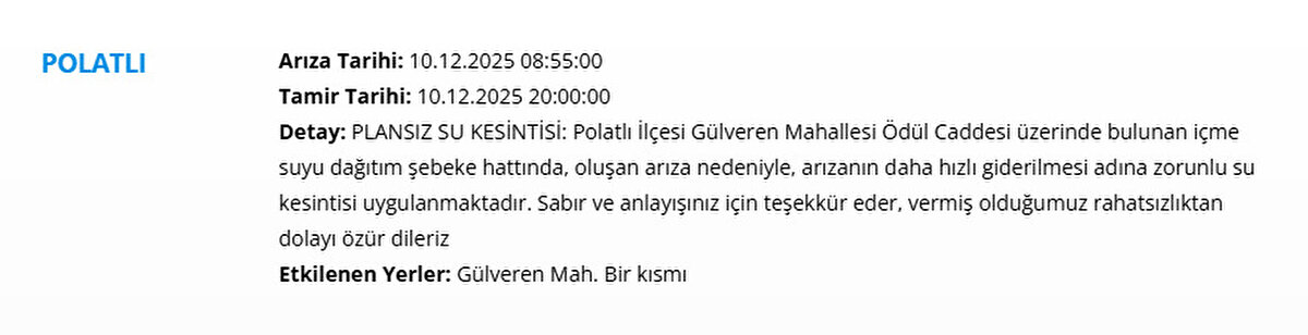 ANKARA SU KESİNTSİ 10 ARALIK (ASKİ KESİNTSİ LİSTESİ)