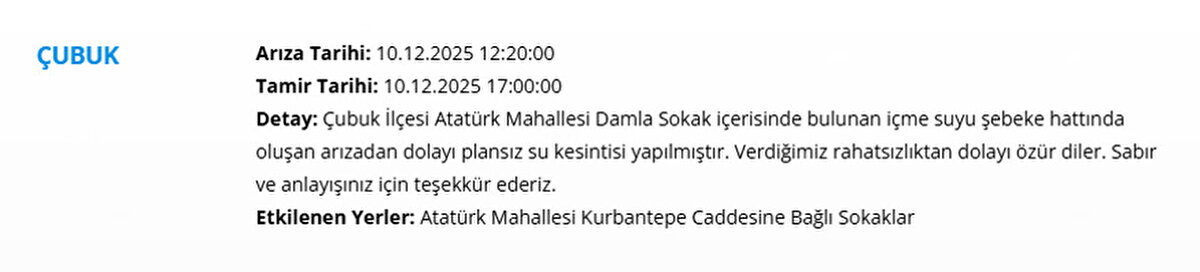 ANKARA SU KESİNTSİ 10 ARALIK (ASKİ KESİNTSİ LİSTESİ)