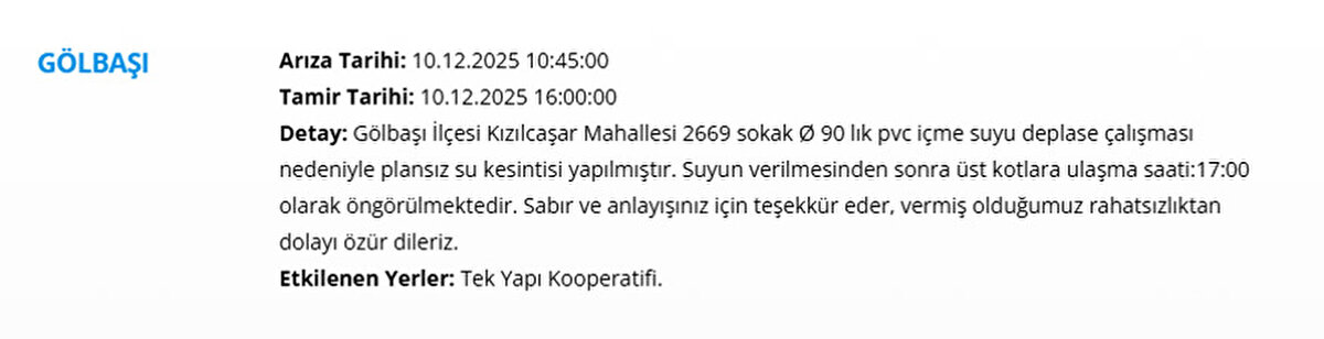 ANKARA SU KESİNTSİ 10 ARALIK (ASKİ KESİNTSİ LİSTESİ)